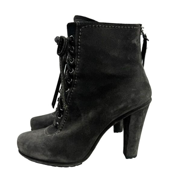 Miu Miu Booties Lace Up Suede Leather Ankle Boots Block High Heel Round Toe 39 - Picture 5 of 16